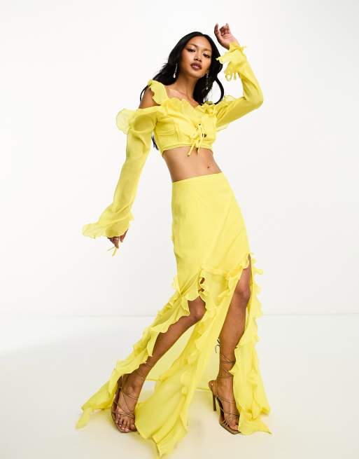 ASOS DESIGN - Zachte maxirok met ruches en zijsplit in geel, deel van co-ord set