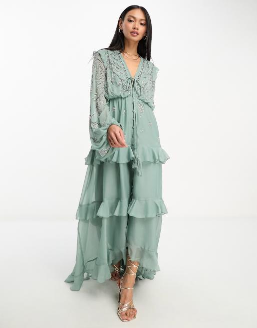 ASOS DESIGN - Zachte midi-jurk met knoopjes aan de voorkant en sleep met bloemenversiering in saliegroen