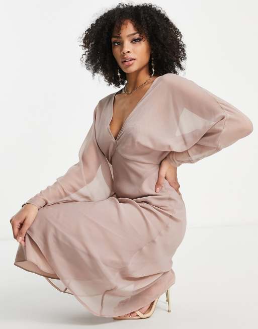 ASOS DESIGN - Zachte midi jurk met vleermuismouwen in vaal mauve | ASOS