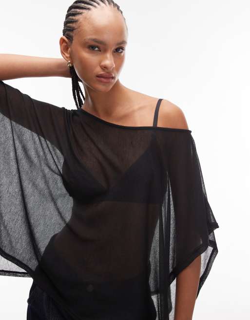 ASOS DESIGN - Zachte semi-transparante asymmetrische cape top in zwart, 3 van 4