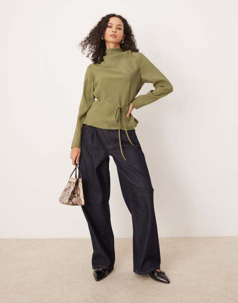 ASOS DESIGN - Zachte top met gedrapeerde gestrikte hals in kaki - view 1