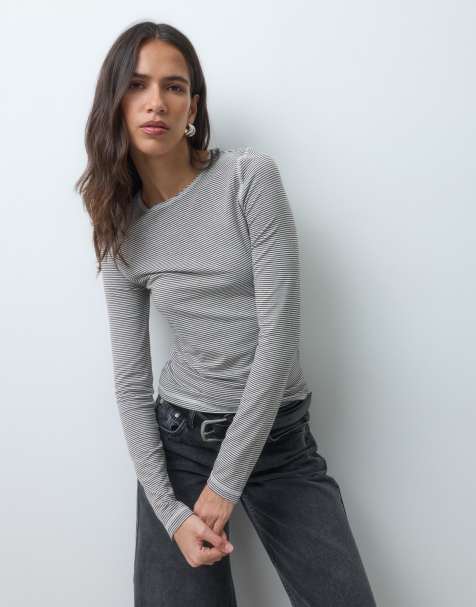 ASOS DESIGN zachte top met ronde hals en lange mouwen in kaki streep - view 1