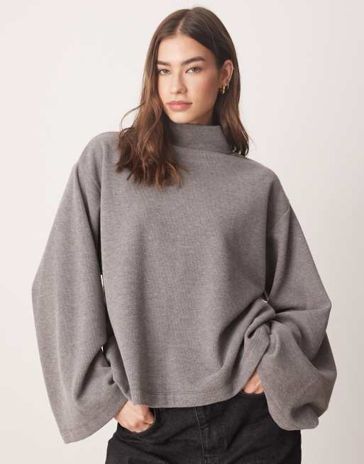 ASOS DESIGN - Zachte top met wijde mouwen en col in antracietgrijs