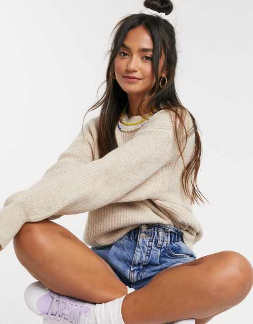 ASOS DESIGN - Zachte trui met ronde hals en pofmouwen