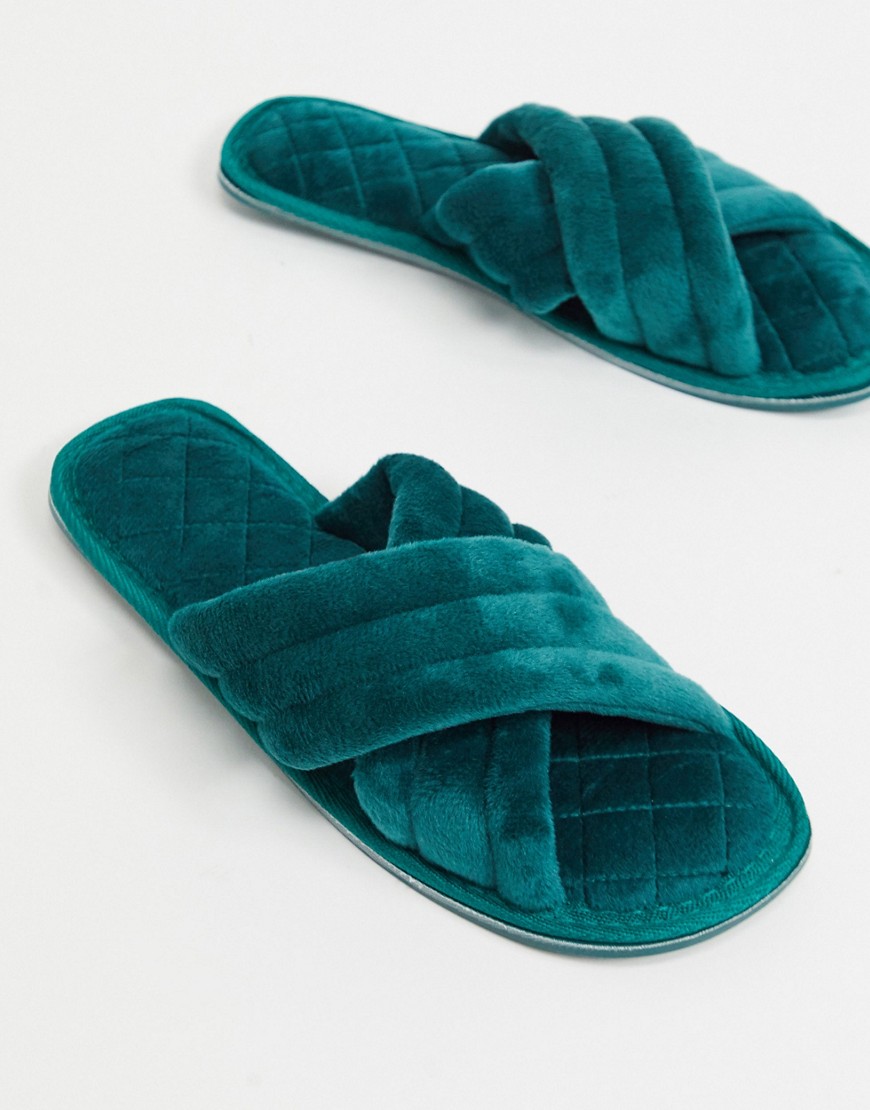 ASOS DESIGN Zada padded cross strap slide slippers in green velvet
