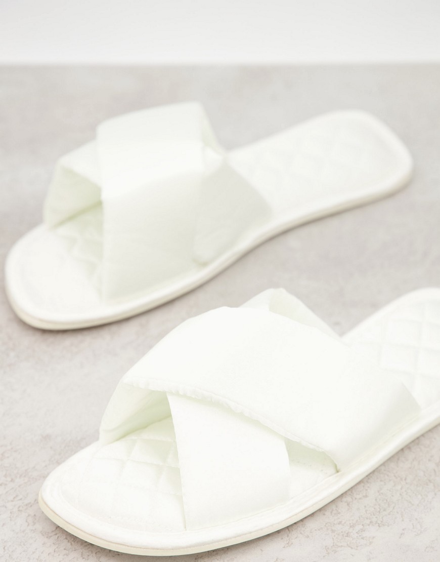 ASOS DESIGN Zada padded cross strap slider slippers in ivory-White