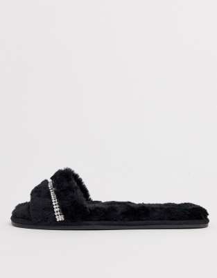 black fluffy slider slippers