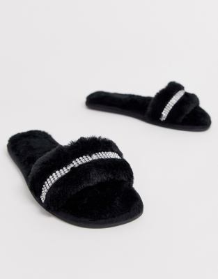 black fluffy slider slippers