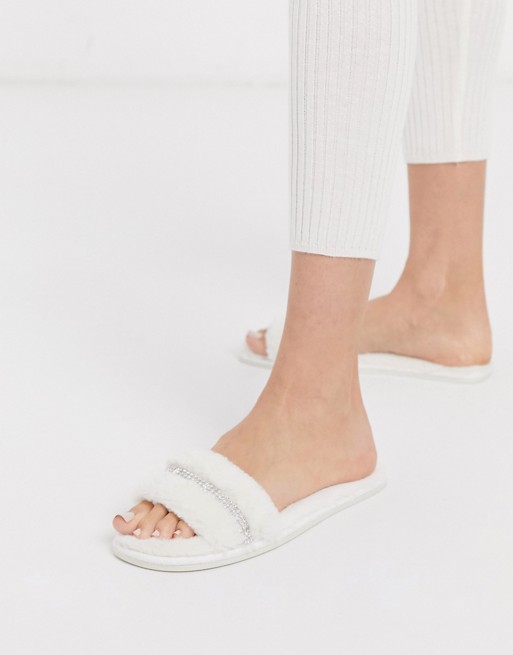 ASOS DESIGN Zadie embellished fur slider slippers in ivory