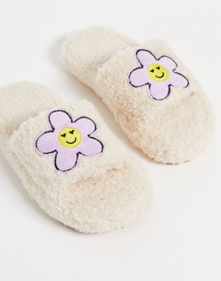 ASOS DESIGN Zahra chunky floral slider slippers in borg