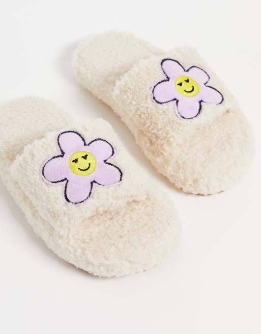 ASOS DESIGN Zahra chunky floral slider slippers in teddy