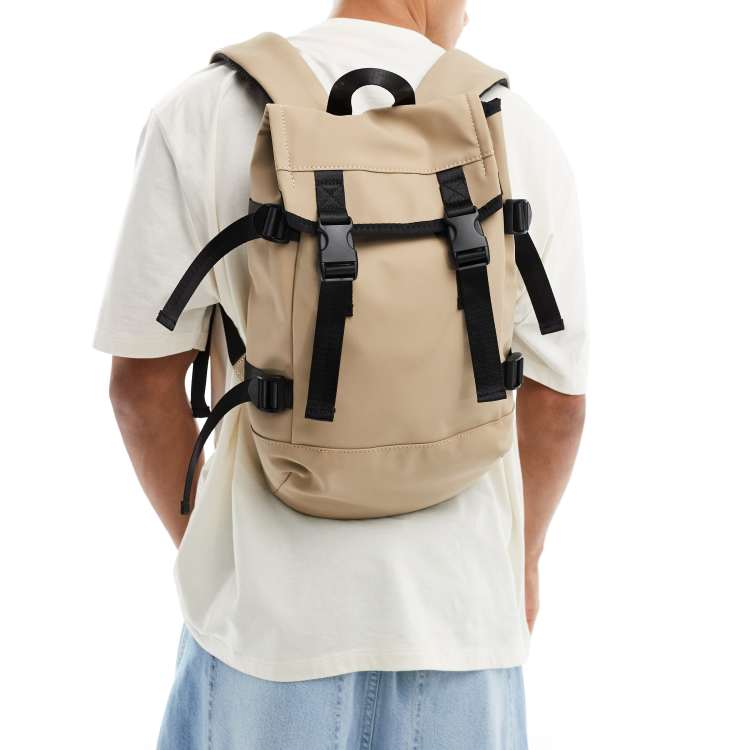 ASOS DESIGN Zaino piccolo gommato color pietra con fascette a contrasto ASOS