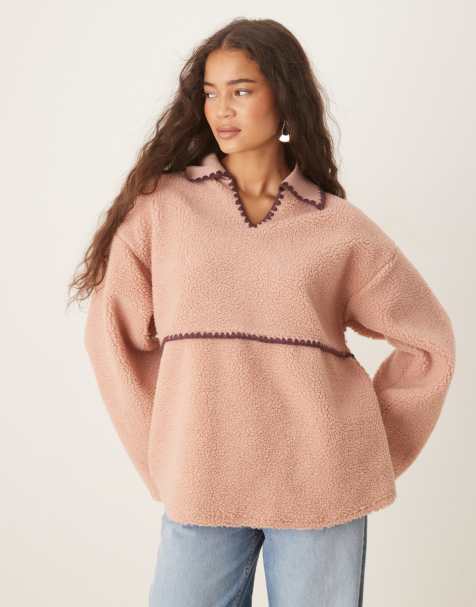 ASOS DESIGN borg fleece pullover sweat with blanket stitch detail in burgundy and pink