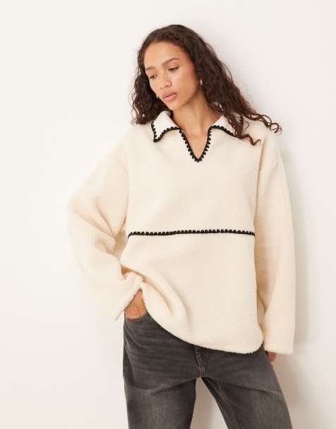 ASOS DESIGN borg fleece pullover sweat with blanket stitch detail in cream and black