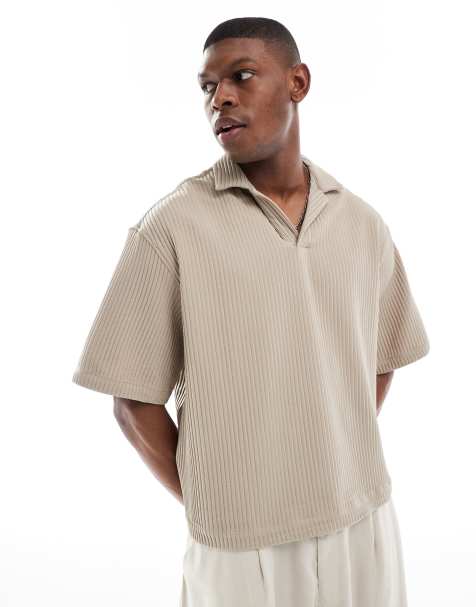 ASOS DESIGN boxy oversized overhead plisse shirt in beige