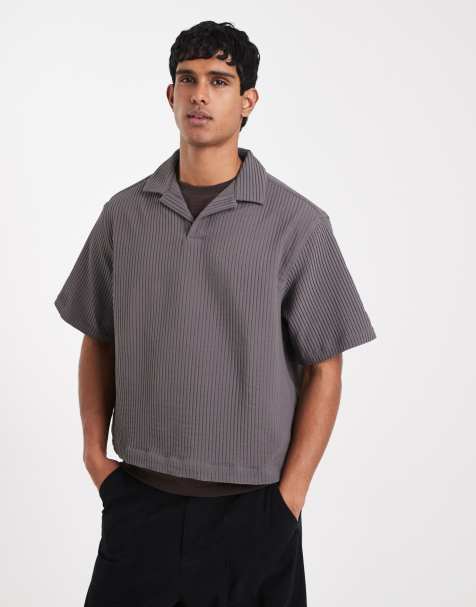 ASOS DESIGN boxy oversized overhead plisse shirt in charcoal