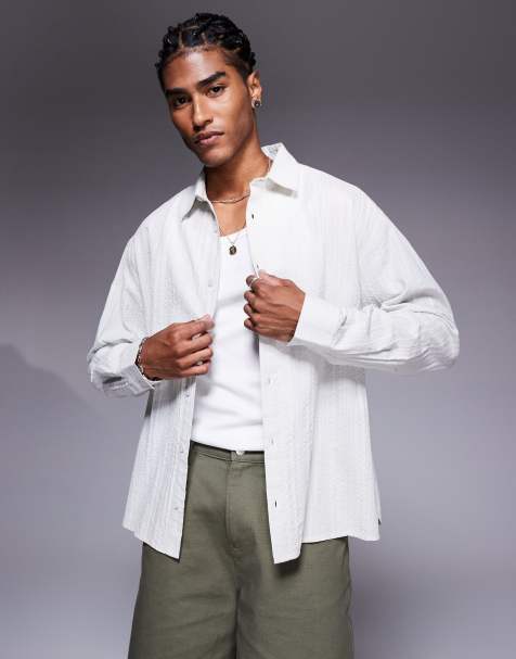 ASOS DESIGN oversized shirt with curved split hem in ecru jacquard