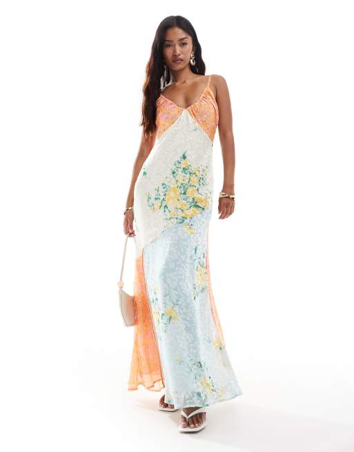 ASOS DESIGN – Żakardowa sukienka maxi na ramiączkach z dzielonym wzorem