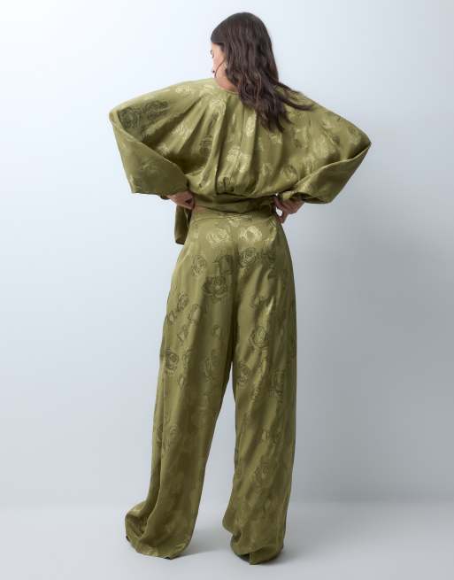 ASOS DESIGN żakardowe plisowane spodnie w kolorze khaki, 5 z 5