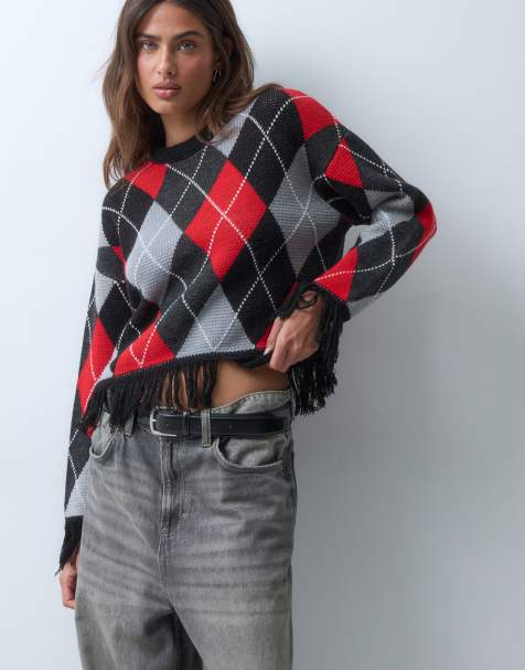 ASOS DESIGN żakardowy sweter z frędzlami przy dole i rękawach w czerwono-czarnym kolorze - view 1