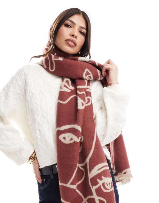 ASOS DESIGN – Żakardowy szalik z abstrakcyjnym wzorem w twarze w kolorze bordowym i bladoróżowym