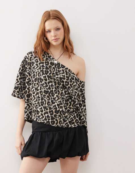 ASOS DESIGN off shoulder short sleeve jacquard t-shirt in leopard