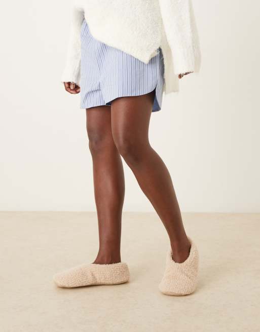 ASOS DESIGN Zakki ribbed teddy slippers in cream
