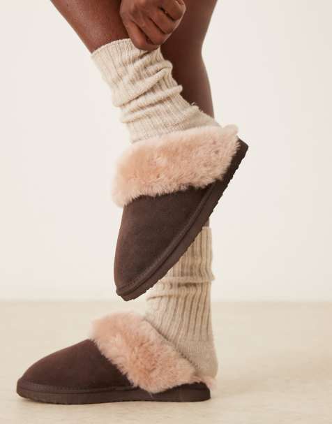 ASOS DESIGN Zamber premium sheepskin slippers in chocolate suede - view 1