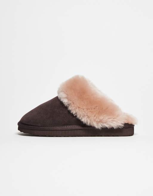 ASOS DESIGN Zamber premium sheepskin slippers in chocolate suede