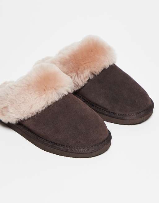 ASOS DESIGN Zamber premium sheepskin slippers in chocolate suede