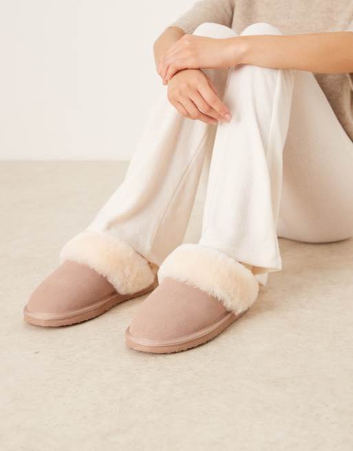 ASOS DESIGN Zamber premium sheepskin slippers in dusty pink suede