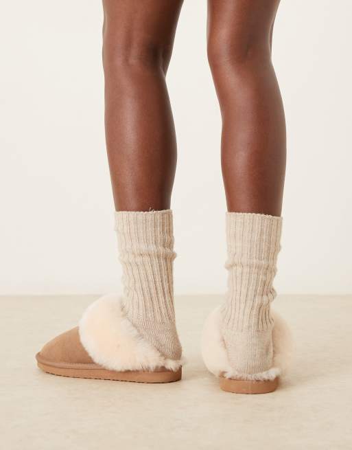 ASOS DESIGN Zamber premium sheepskin slippers in tan suede, 3 of 4