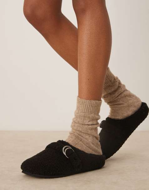 ASOS DESIGN Zanders buckle detail clog slippers in black borg - view 1