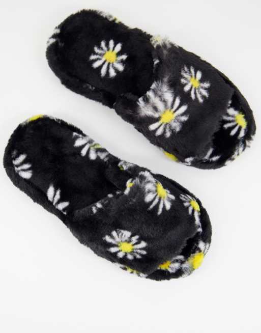 ASOS DESIGN - Zane - Instappantoffels met dikke zool en bloemenprint in zwart