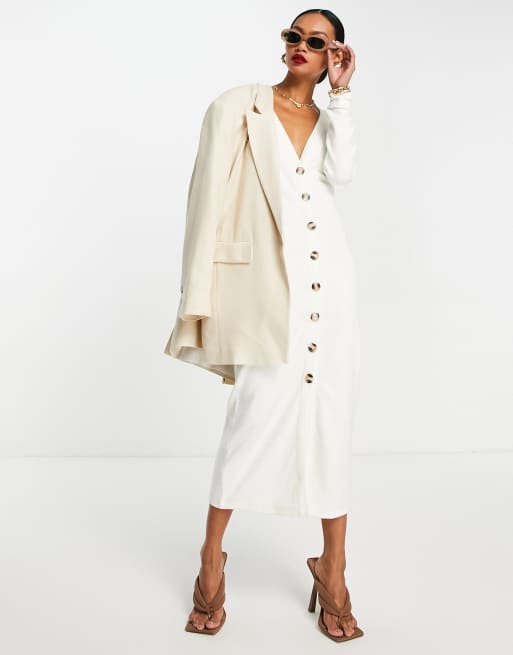 ASOS DESIGN – Zapinana na guziki bardzo miękka sukienka midi w stylu kardiganu w kolorze zimowej bieli