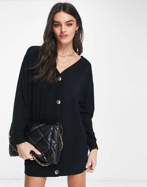ASOS DESIGN – Zapinana na guziki bardzo miękka sukienka mini w stylu kardiganu w kolorze czarnym