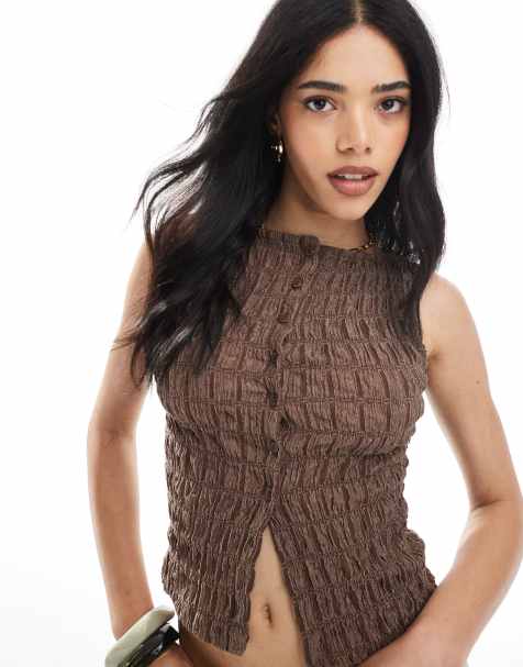 ASOS DESIGN acid wash texture button through waistcoat co ord in brown