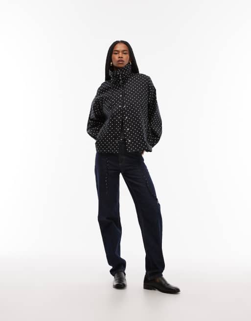 ASOS DESIGN – Zapinana na guziki czarna kurtka w groszki z wysokim kołnierzem