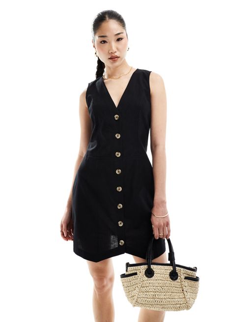 FhyzicsShops DESIGN – Zapinana na guziki czarna lniana sukienka o fasonie kamizelki