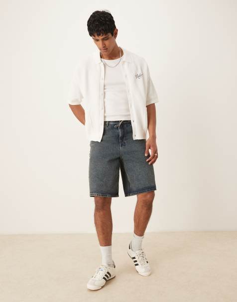 ASOS DESIGN relaxed knitted button through with chest embroidery in ecru
