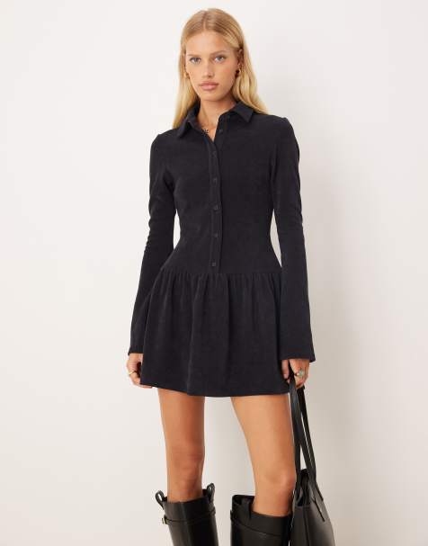 ASOS DESIGN – Zapinana na guziki granatowa sukienka sztruksowa mini z obniżonym stanem - view 1
