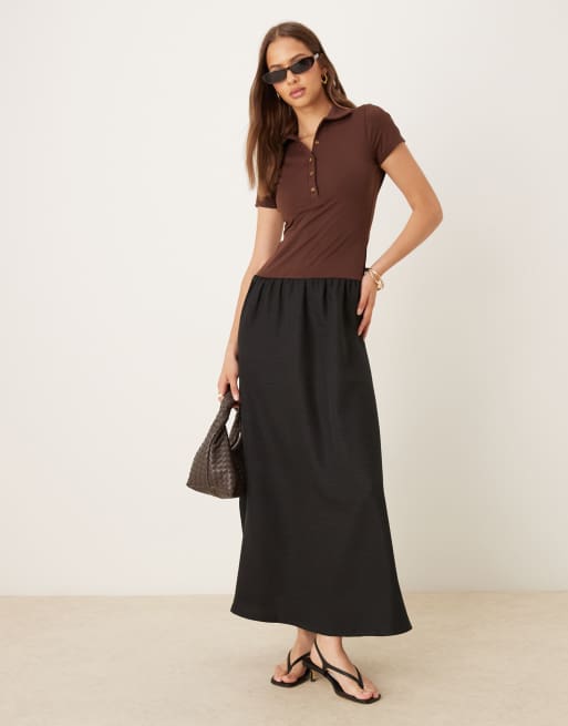 ASOS DESIGN – Zapinana na guziki hybrydowa sukienka midi z t-shirtową górą w kolorze czekoladowym