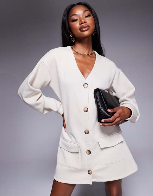 ASOS DESIGN – Zapinana na guziki kremowa sukienka mini z rękawami typu kokon