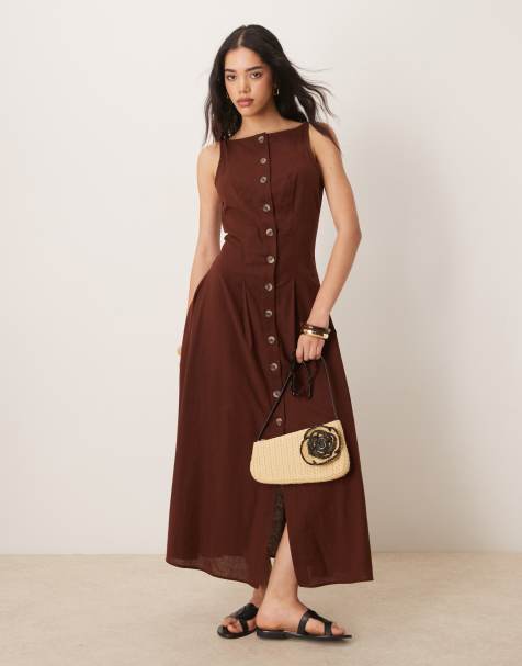 ASOS DESIGN – Zapinana na guziki letnia sukienka maxi z górą o fasonie kamizelki z prostym dekoltem w czekoladowym kolorze - view 1