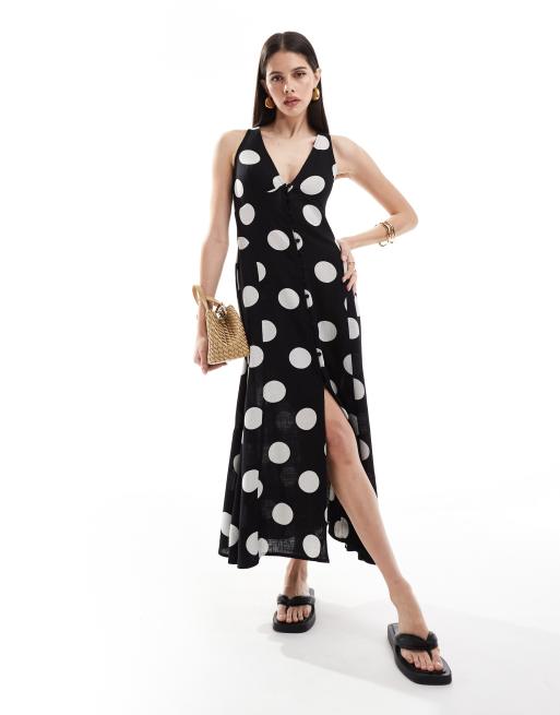 ASOS DESIGN – Zapinana na guziki, lniana sukienka midi z pełną spódnicą, we wzór w groszki