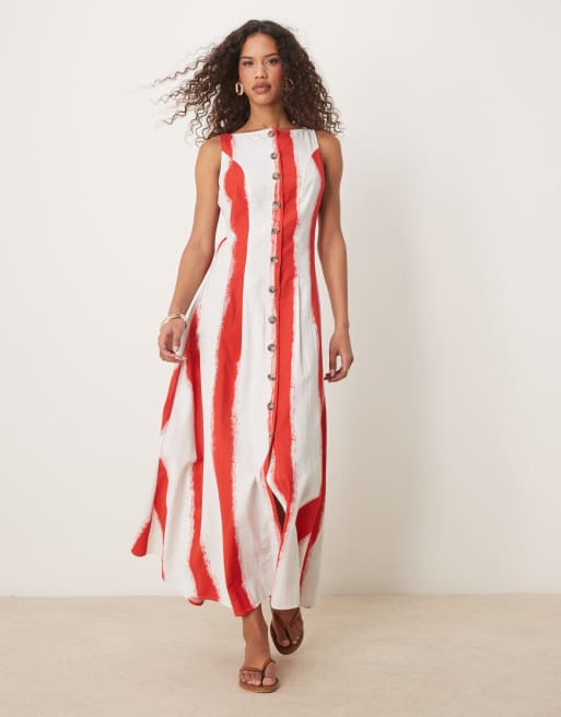 ASOS DESIGN – Zapinana na guziki sukienka maxi w paski z górą o fasonie kamizelki z prostym dekoltem