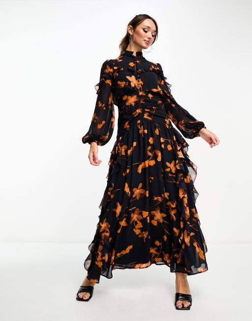 ASOS DESIGN - Zapinana na guziki sukienka maxi z marszczoną górą, falbankami i nadrukiem w ciemnopomarańczowe róże