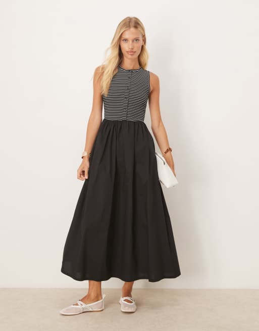 ASOS DESIGN – Zapinana na guziki sukienka midi o fasonie bokserki w czarno-białe paski z popelinową spódnicą