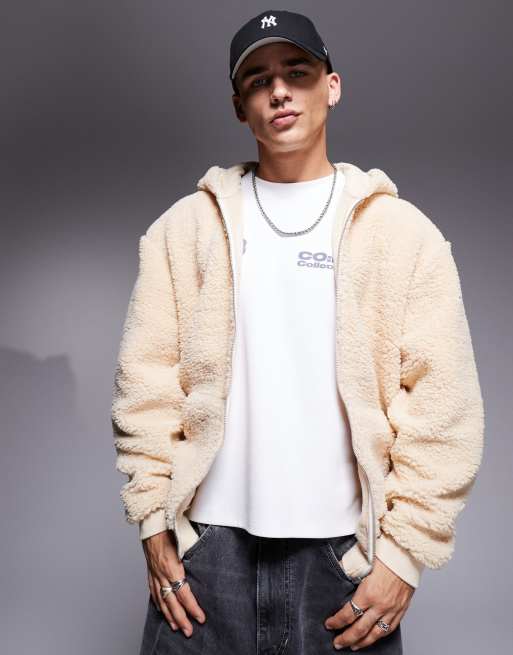 ASOS DESIGN – Zapinana na suwak bluza z kapturem oversize z kożuszka w kolorze złamanej bieli