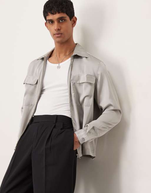 ASOS DESIGN – Zapinana na suwak szara koszula wierzchnia o pudełkowym kroju z naszytymi kieszeniami